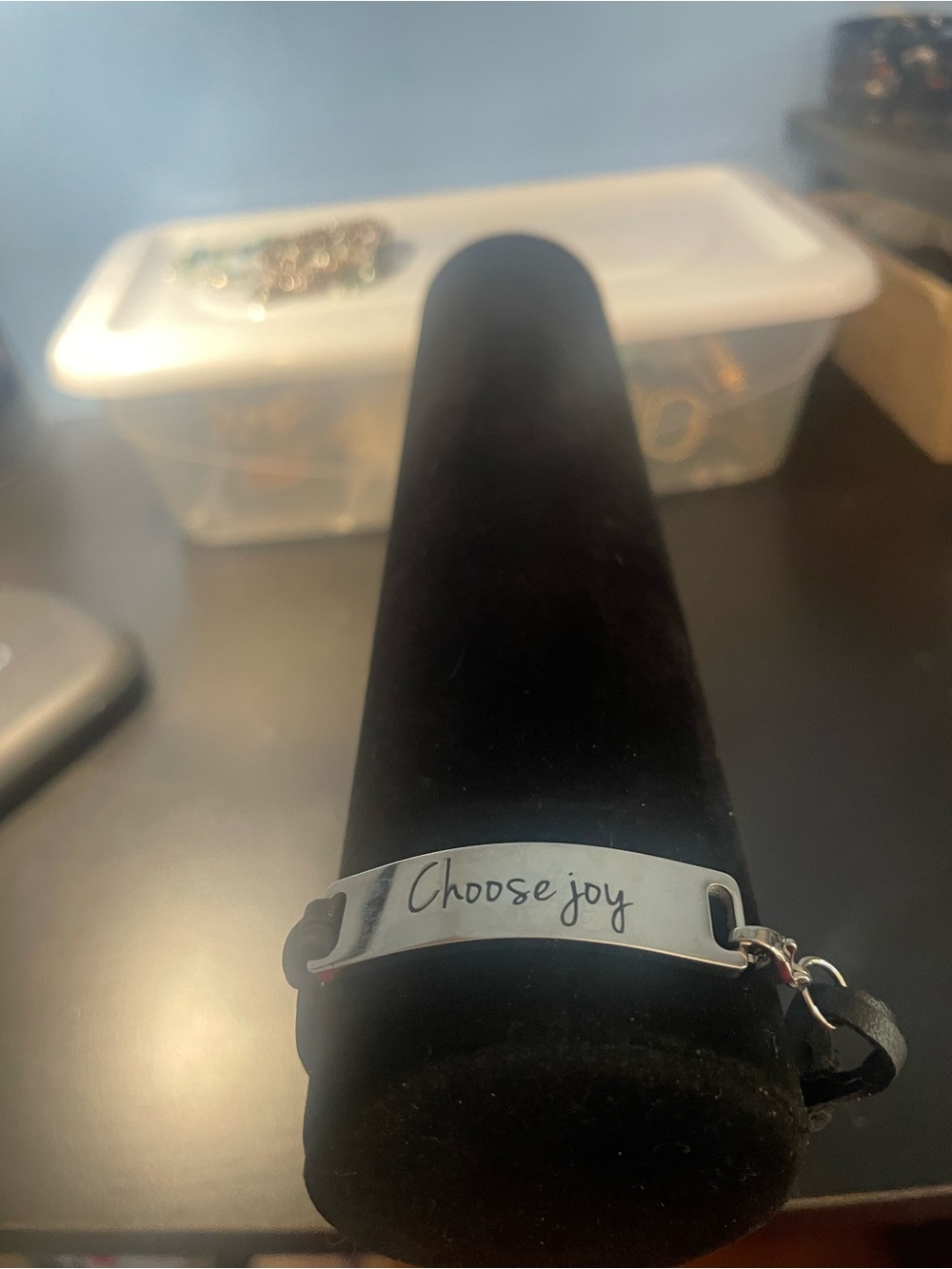 Choose Joy Engraved Silver Plate Bracelet - leather Black Strap